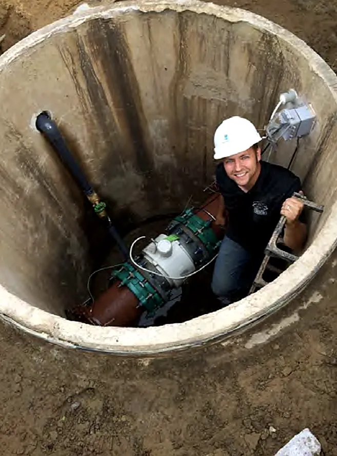 RBF team member installing a water valve inside a precast manhole
